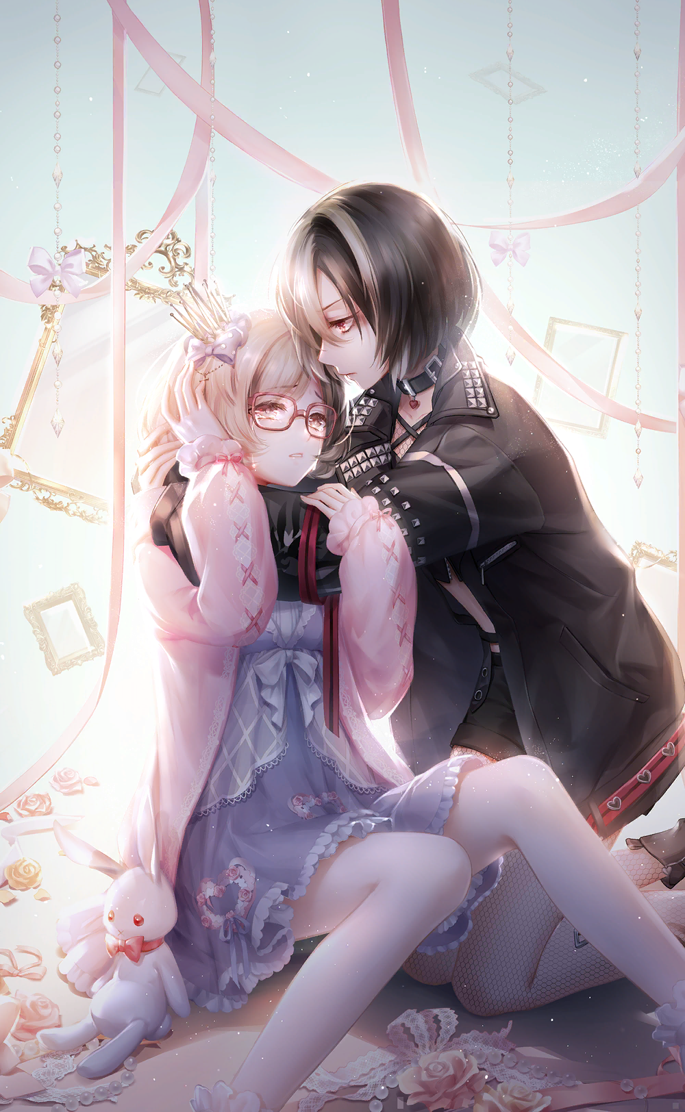 nikki (series), shining nikki, artist request, game cg, highres, official art, third-party source, 2girls, black hair, black jacket, blonde hair, blue background, bob cut, boots, bow, brown eyes, cardigan, collar, comforting, crop top, crown, crown hair ornament, dress, fashion, fishnets, floating, floating object, flower, frown, gem, glasses, hands on another's arms, heart, holding another's arm, hug, jacket, jax (shining nikki), lace trim, multicolored hair, multiple girls, pearl (gemstone), picture frame, pink cardigan, pink ribbon, punk, purple dress, red eyes, ribbon, rose, short hair, shorts, sitting, sky, streaked hair, string, studded jacket, stuffed animal, stuffed rabbit, stuffed toy, white hair, yuka (shining nikki), yuri