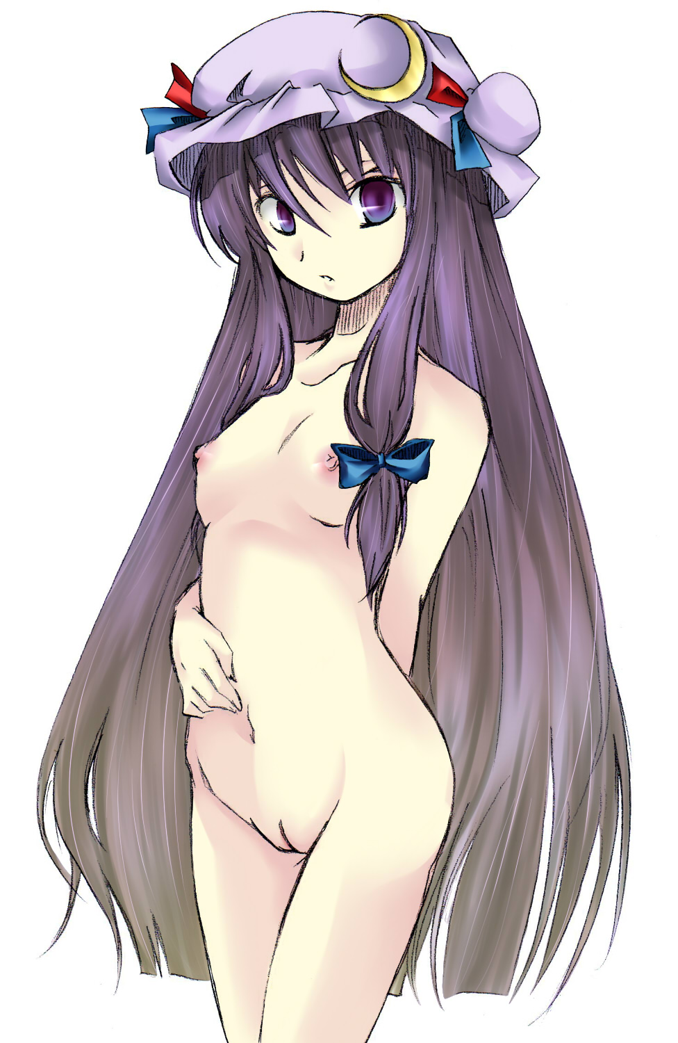 hal (goshujinomocha), hal (haruna), patchouli knowledge, touhou, bad id, bad pixiv id, highres, 1girl, breasts, completely nude, cowboy shot, female focus, flat chest, hair ribbon, hat, long hair, nipples, nude, purple eyes, purple hair, pussy, ribbon, small breasts, solo, uncensored