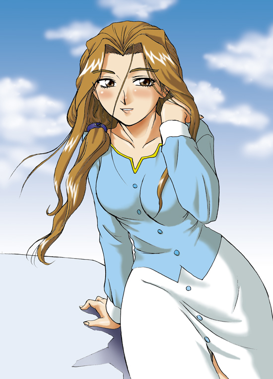 rara mitsuki, dual! parallel trouble adventure, 1girl, blush, breasts, brown eyes, brown hair, cloud, day, female focus, long hair, outdoors, sky, solo, wind