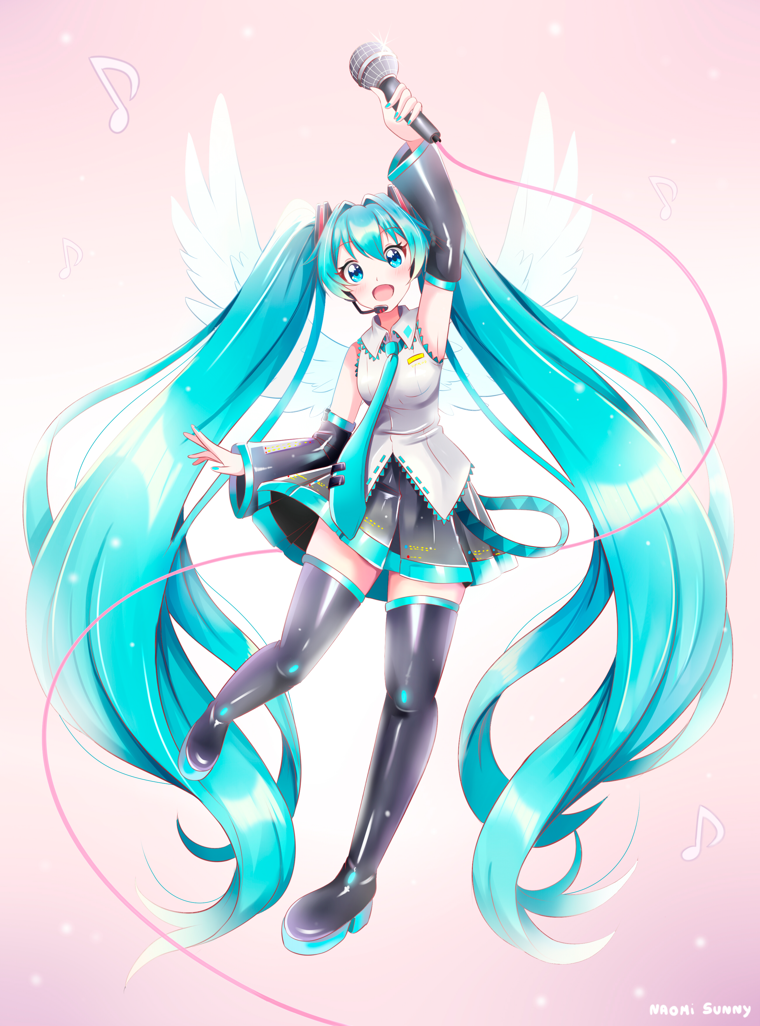 naomisunny121, hatsune miku, vocaloid, absurdres, highres, 1girl, absurdly long hair, angel wings, aqua eyes, aqua hair, aqua nails, aqua necktie, aqua trim, arm up, armpits, blush, boots, breasts, collared shirt, detached sleeves, feathered wings, grey shirt, hair between eyes, hair ornament, headset, holding, holding microphone, long hair, long sleeves, looking at viewer, medium breasts, microphone, musical note, necktie, open mouth, shirt, sleeveless, sleeveless shirt, smile, thigh boots, thighhighs, very long hair, white wings, wide sleeves, wings, zettai ryouiki