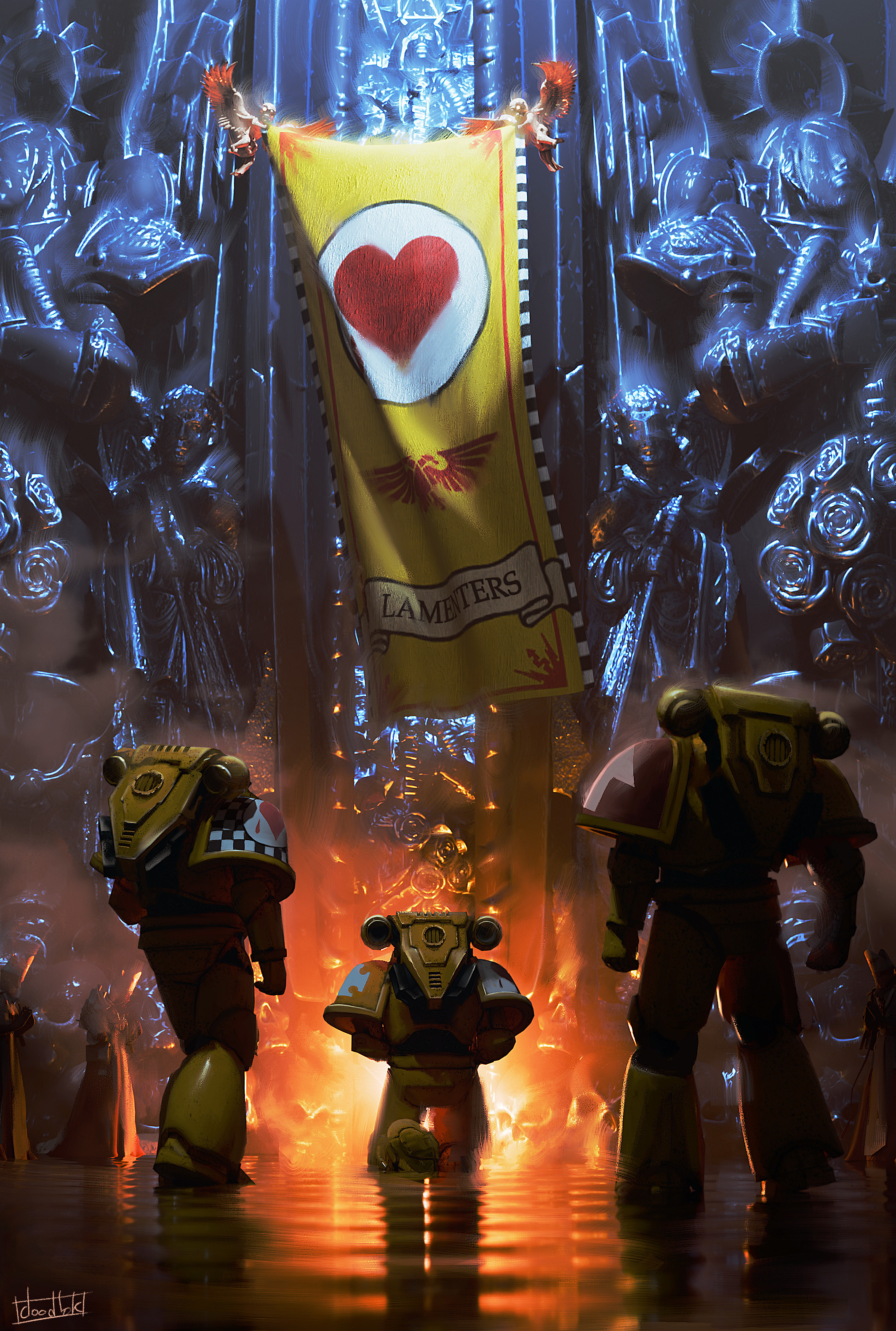 doodlok, adeptus astartes, blood angels, warhammer 40k, worship, absurdres, highres, 6+boys, architecture, armor, armored boots, arrow print, blood, blood drip, boots, breastplate, cassock, cherub, cross, cross print, english text, fire, flower ornament, from behind, full armor, full body, gauntlets, greaves, halo, heart, heart print, imperial aquila, indoors, kneeling, lamenters (warhammer 40k), lightning bolt symbol, male focus, multiple boys, on one knee, own hands clasped, own hands together, painterly, pauldrons, power armor, praying, priest, reflection, reflective water, ripples, robe, science fiction, shoulder armor, signature, skull ornament, spiked halo, square print, standing, standing on liquid, statue, temple, vambraces, water, wings, yellow armor, yellow flag