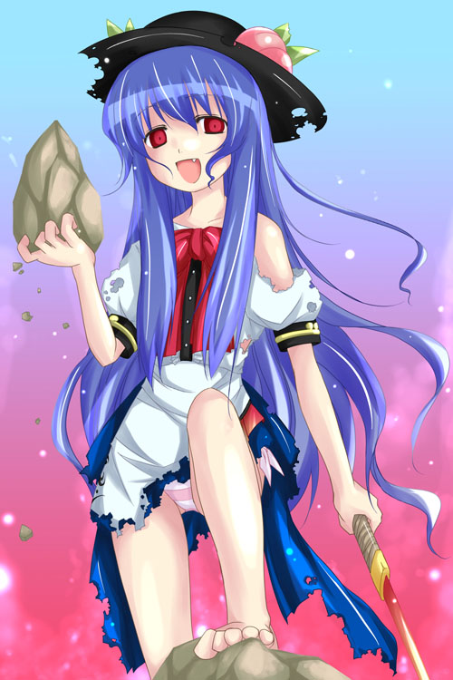 yumesato makura, hinanawi tenshi, touhou, bad id, bad pixiv id, 1girl, :d, barefoot, blue hair, fang, female focus, flat chest, food, fruit, hat, holding, long hair, open mouth, panties, pantyshot, peach, red eyes, ribbon, smile, solo, striped clothes, striped panties, sword, sword of hisou, torn clothes, underwear, upskirt, weapon