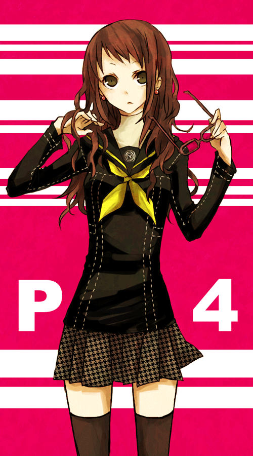buzz (moi), kujikawa rise, atlus, persona, persona 4, bad id, bad pixiv id, 1girl, adjusting hair, brown eyes, brown hair, female focus, glasses, hair down, holding, holding removed eyewear, long hair, skirt, solo, thighhighs, unworn eyewear