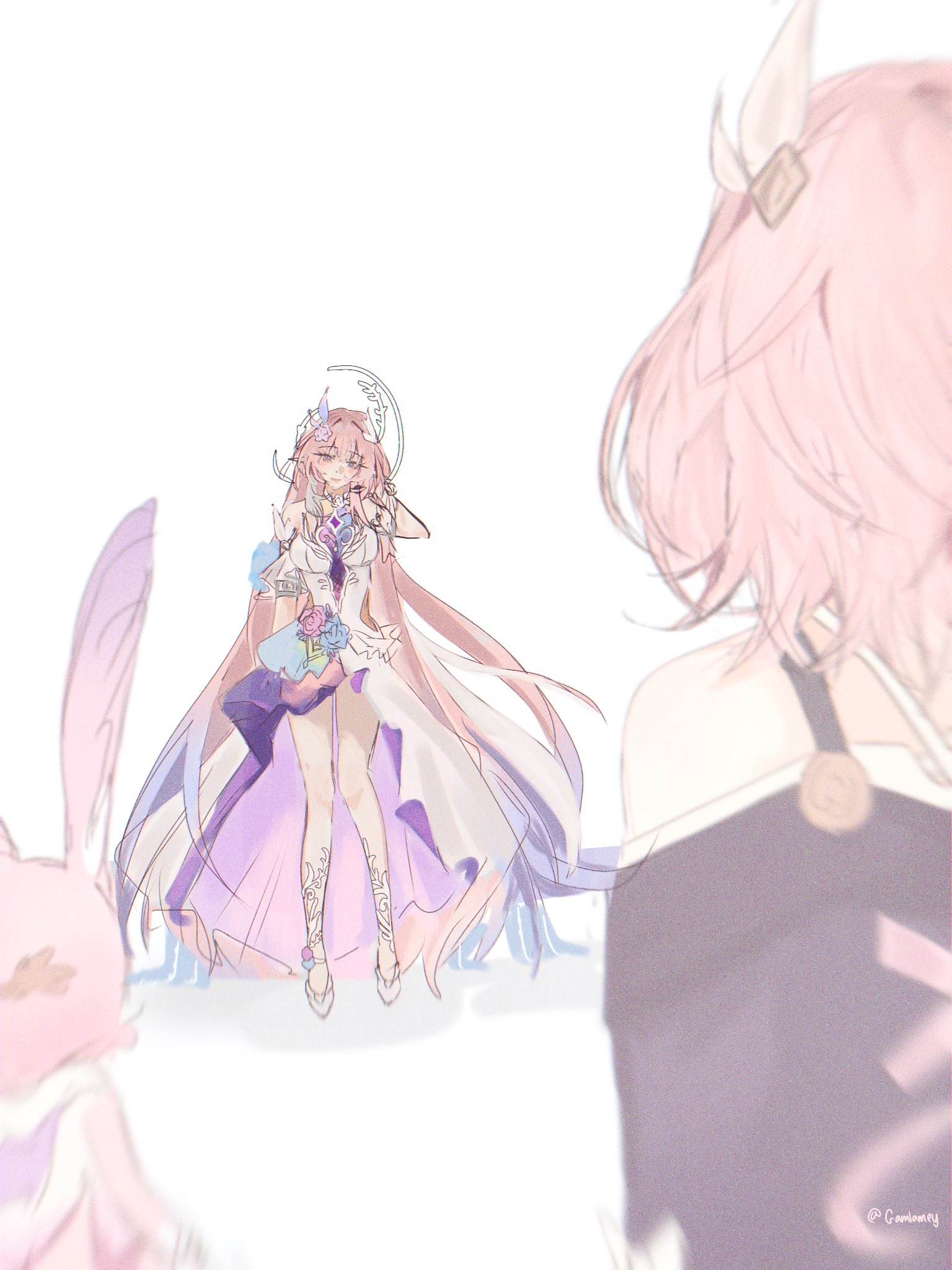 cyrene (honkai: star rail), cyrene (ripples of past reverie) (honkai: star rail), mem (honkai: star rail), honkai: star rail, honkai (series), hashtag-only commentary, highres, 2girls, bare shoulders, breasts, coat, cyrene (aedes elysiae) (honkai: star rail), dress, dual persona, flower, gamlamey, hair flower, hair ornament, halo, high heels, large breasts, long hair, multiple girls, pink hair, purple coat, purple eyes, short hair, simple background, thighs, twitter username, very long hair, white background, white dress