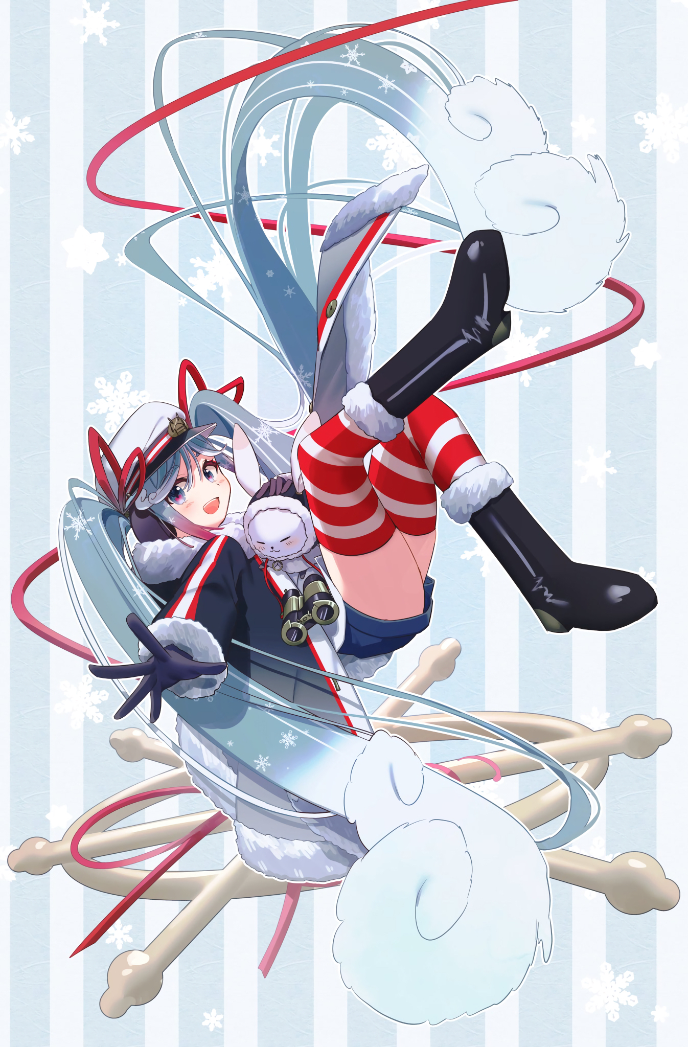 nisa (nisa st ), hatsune miku, rabbit yukine, yuki miku, yuki miku (2022), vocaloid, commentary, highres, 1girl, aqua hair, binoculars, black boots, black coat, black gloves, black shorts, blush, boots, coat, dated commentary, falling, fur-trimmed coat, fur-trimmed sleeves, fur trim, gloves, gradient hair, hair ribbon, hand on animal, hat, jacket, long hair, looking at viewer, multicolored hair, official alternate costume, official alternate hairstyle, open mouth, peaked cap, rabbit, reaching, reaching towards viewer, red hair, red ribbon, ribbon, sailor hat, ship's wheel, short shorts, shorts, smile, striped clothes, striped thighhighs, thighhighs, twintails, very long hair, white hair, white jacket