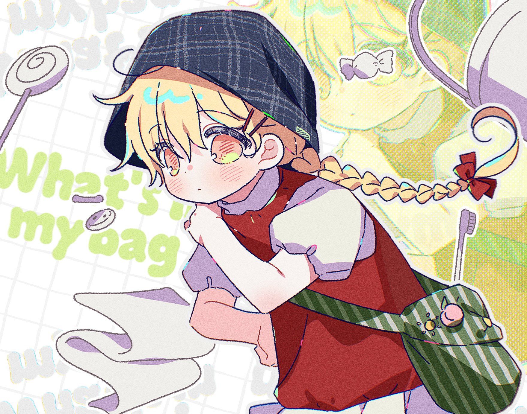 yalmyu, original, highres, 1girl, bag, blonde hair, blush, braid, bucket, candy, closed mouth, english text, food, hair between eyes, hair ornament, hairclip, hand up, lollipop, long hair, orange eyes, outline, parallel hairclips, red vest, shirt, short sleeves, shoulder bag, single braid, solo, swirl lollipop, toothbrush, upper body, vest, white outline, white shirt