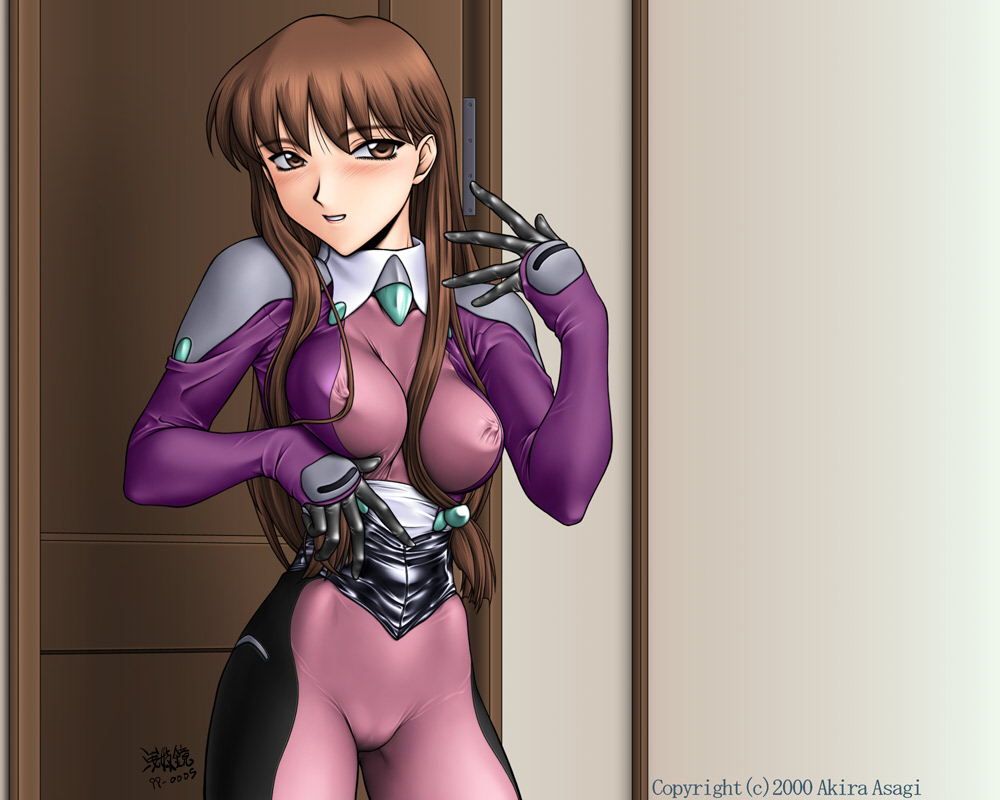 asagi akira, sanada mitsuki, dual! parallel trouble adventure, 1990s (style), 1999, 1girl, 2000, blush, bodysuit, breasts, brown eyes, brown hair, cameltoe, covered erect nipples, female focus, groin, impossible clothes, impossible shirt, long hair, medium breasts, nipples, purple bodysuit, retro artstyle, shirt, signature, skin tight, solo