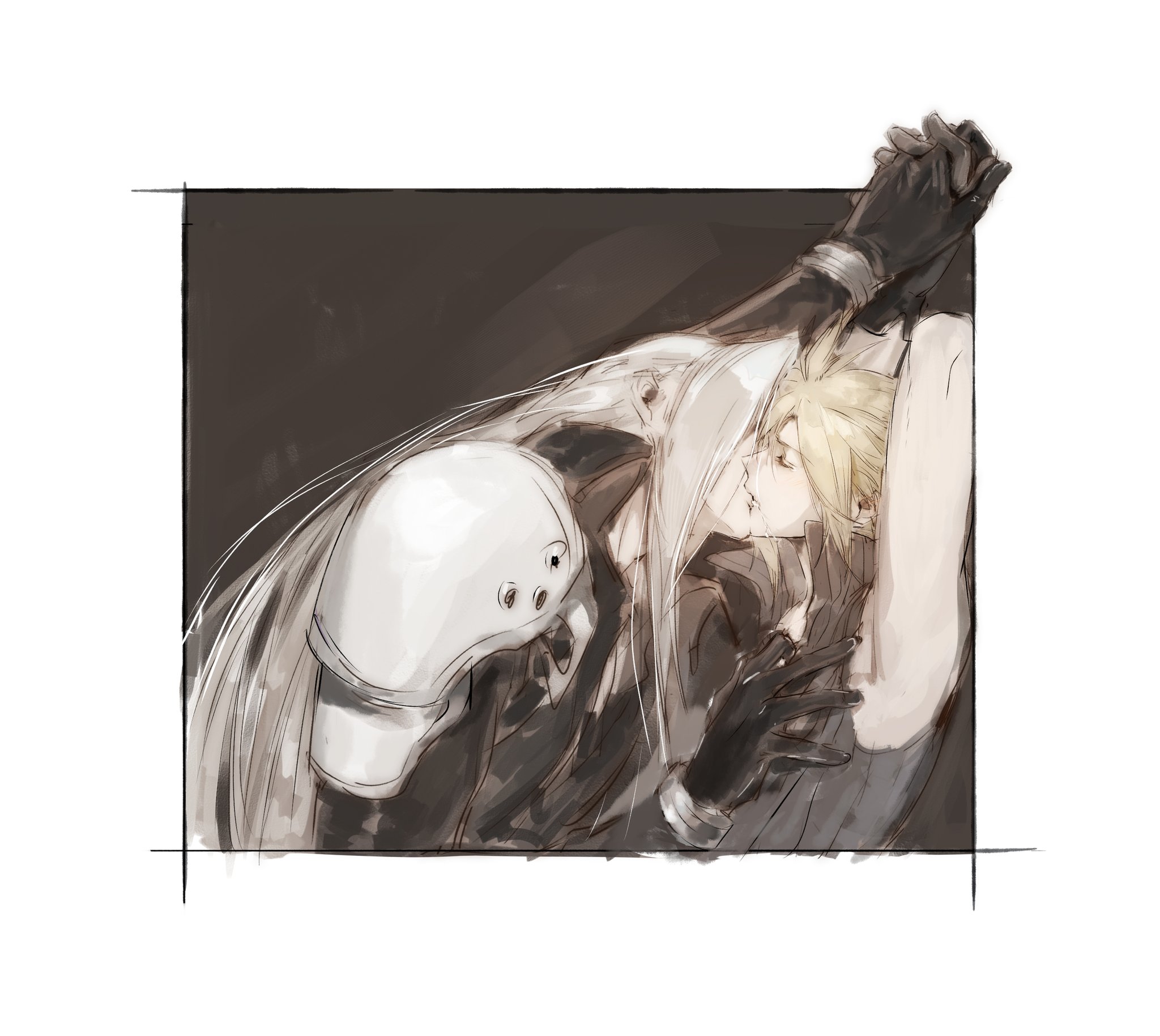 lydiaaa, cloud strife, sephiroth, final fantasy, final fantasy vii, final fantasy vii advent children, hashtag-only commentary, highres, 2boys, arm up, armor, arms up, black background, black coat, black gloves, black vest, bracer, coat, cropped torso, drooling, gloves, grey hair, hand on another's chest, holding hands, inset border, kiss, long bangs, long hair, male focus, multiple boys, parted bangs, pauldrons, pinned, shoulder armor, upper body, very long hair, vest, yaoi