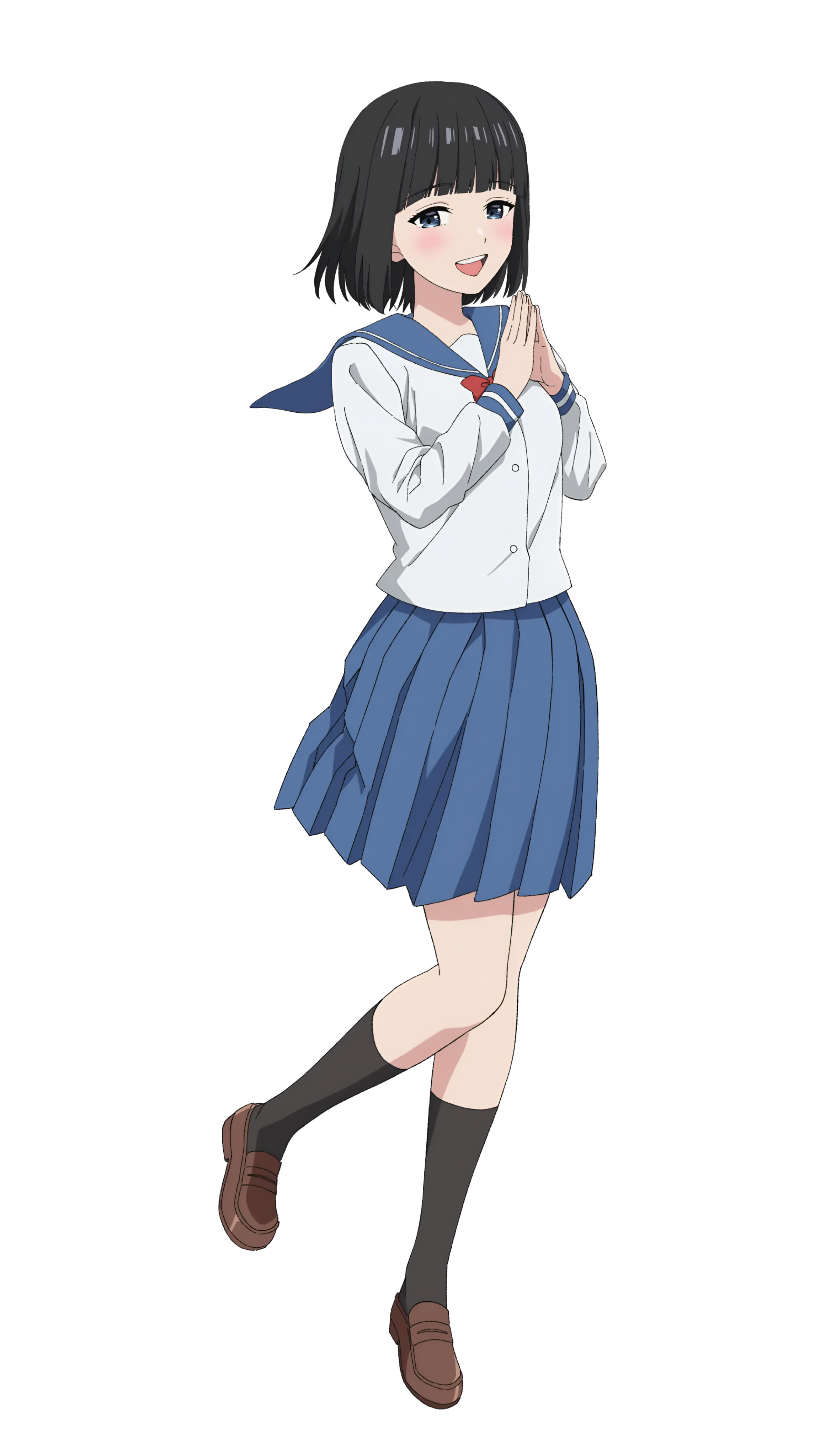 ureshino kukumi, witch watch, official art, 1girl, asunaro high school uniform, black hair, black socks, blue eyes, blue skirt, blush, hands up, long sleeves, looking at viewer, open mouth, sailor collar, school uniform, shirt, shoes, short hair, skirt, smile, socks, solo, transparent background, white shirt
