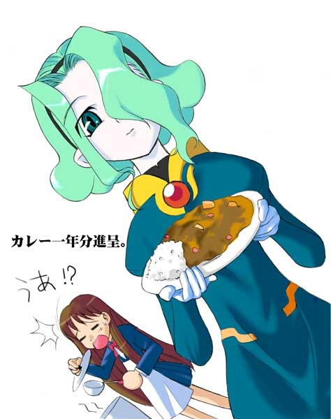 d (dual! parallel trouble adventure), sanada mitsuki, dual! parallel trouble adventure, 2girls, = =, apron, bow, brown hair, curry, food, green eyes, green hair, hair over one eye, hairband, ladle, long hair, multiple girls, pale skin, skirt