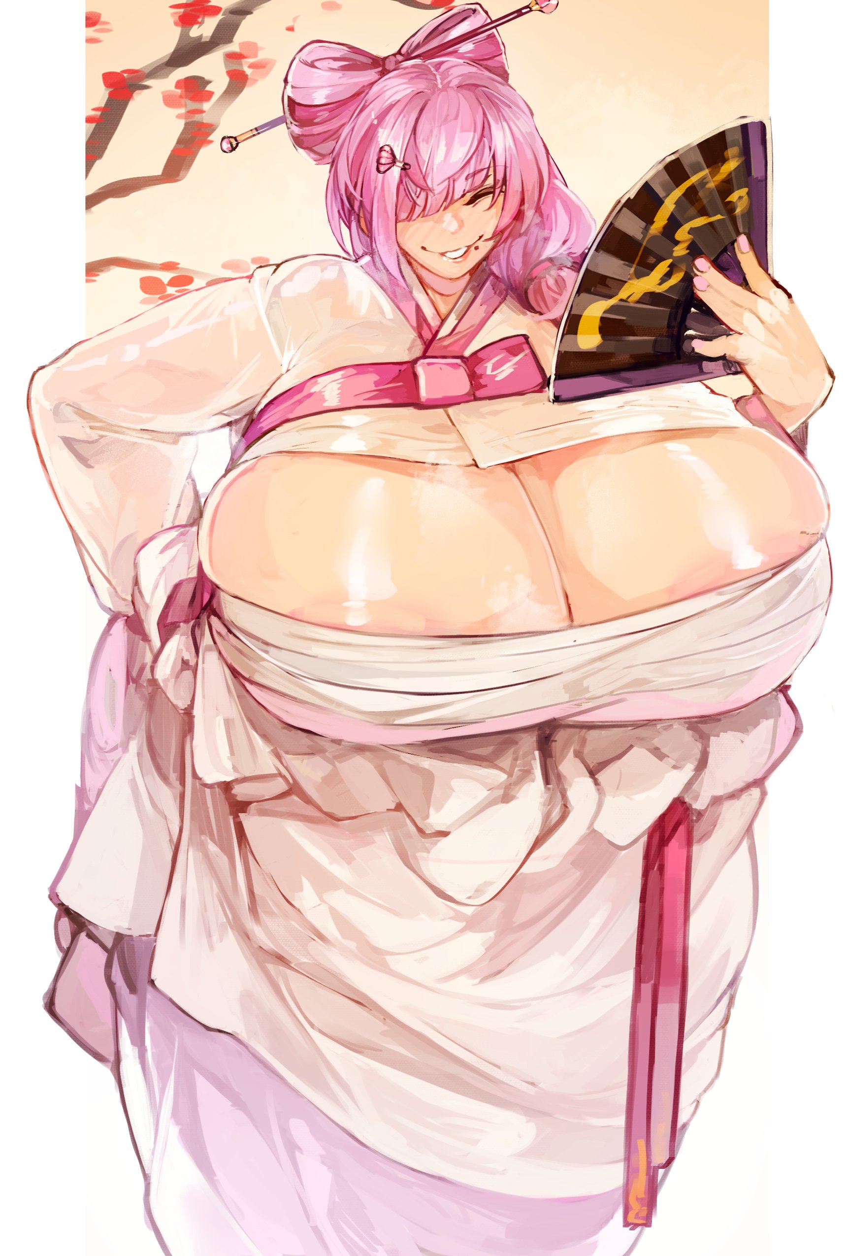 larribee, kurameki kyou, indie virtual youtuber, 1girl, areola slip, breast cutout, breasts, cleavage, closed eyes, diagonal bangs, double bun, dress, folding fan, gigantic breasts, hair bun, hair ornament, hair over one eye, hair over shoulder, hair stick, hair up, hairclip, hand fan, hand on own hip, holding, holding fan, lips, low ponytail, mature female, medium hair, mole, mole under mouth, one eye covered, outdoors, pink hair, pink nails, plump, ponytail, purple dress, sarashi, smile, solo, standing, virtual youtuber, white dress