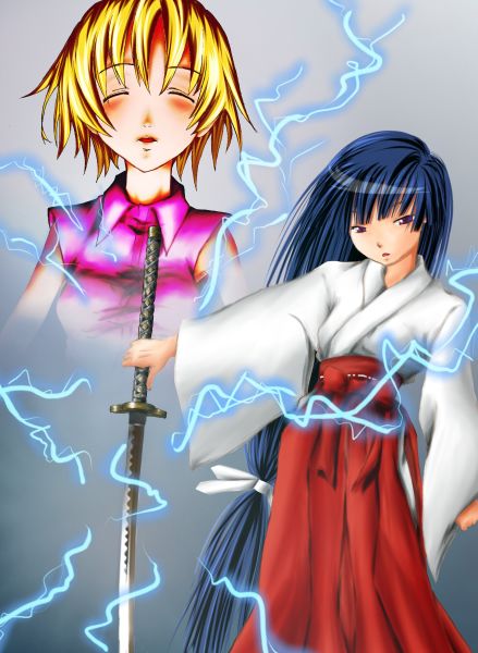 furude rika, houjou satoko, higurashi no naku koro ni, 00s, 2girls, blonde hair, blue hair, closed eyes, hakama, hakama skirt, japanese clothes, lightning, long hair, miko, multiple girls, purple eyes, red hakama, short hair, skirt, sword, weapon