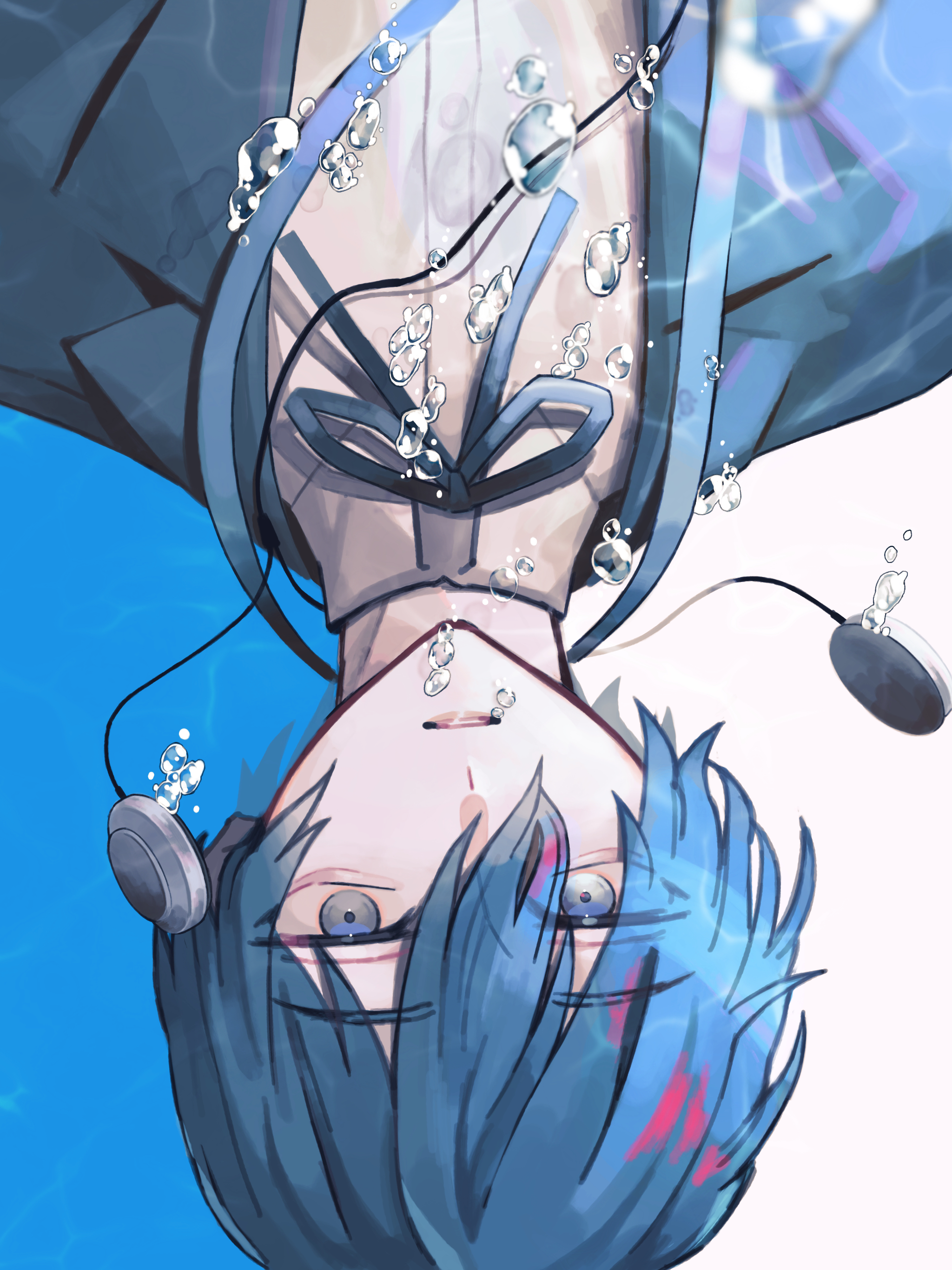 den 10 chu 10, yuuki makoto (persona 3), persona, persona 3, absurdres, commentary request, highres, 1boy, air bubble, blue background, blue eyes, blue hair, blue jacket, blue ribbon, bubble, caustics, digital media player, digital walkman, dress shirt, gekkoukan high school uniform, hair between eyes, jacket, looking at viewer, male focus, open clothes, open jacket, parted lips, portrait, ribbon, school uniform, shirt, short hair, solo, submerged, two-tone background, underwater, upside-down, walkman nw-s203f, water, white background, white shirt