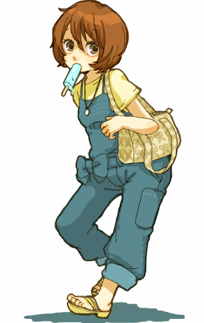 yukke, bad id, bad pixiv id, bag, brown eyes, brown hair, food, mouth hold, popsicle, sandals, short hair, solo