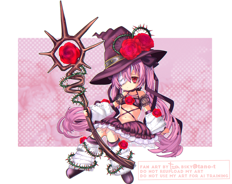 tano t, emil chronicle online, 1girl, armband, bandage over one eye, boots, breasts, clothing cutout, detached sleeves, dress, drill hair, flower, frilled armband, frilled dress, frills, hat, holding, holding staff, long hair, mummy alma, pink hair, purple boots, purple dress, purple hat, red eyes, rose, sleeveless, sleeveless dress, small breasts, solo, staff, stomach cutout, thorns, twin drills, twintails, very long hair, witch hat