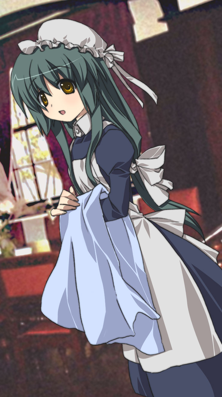 satomi yoshitaka, ibuki fuuko, clannad, highres, 00s, 1girl, apron, blue dress, brown eyes, bun cover, cowboy shot, dress, dutch angle, female focus, green hair, indoors, long hair, long sleeves, maid, maid apron, solo, standing, towel, tray, waist apron, waitress