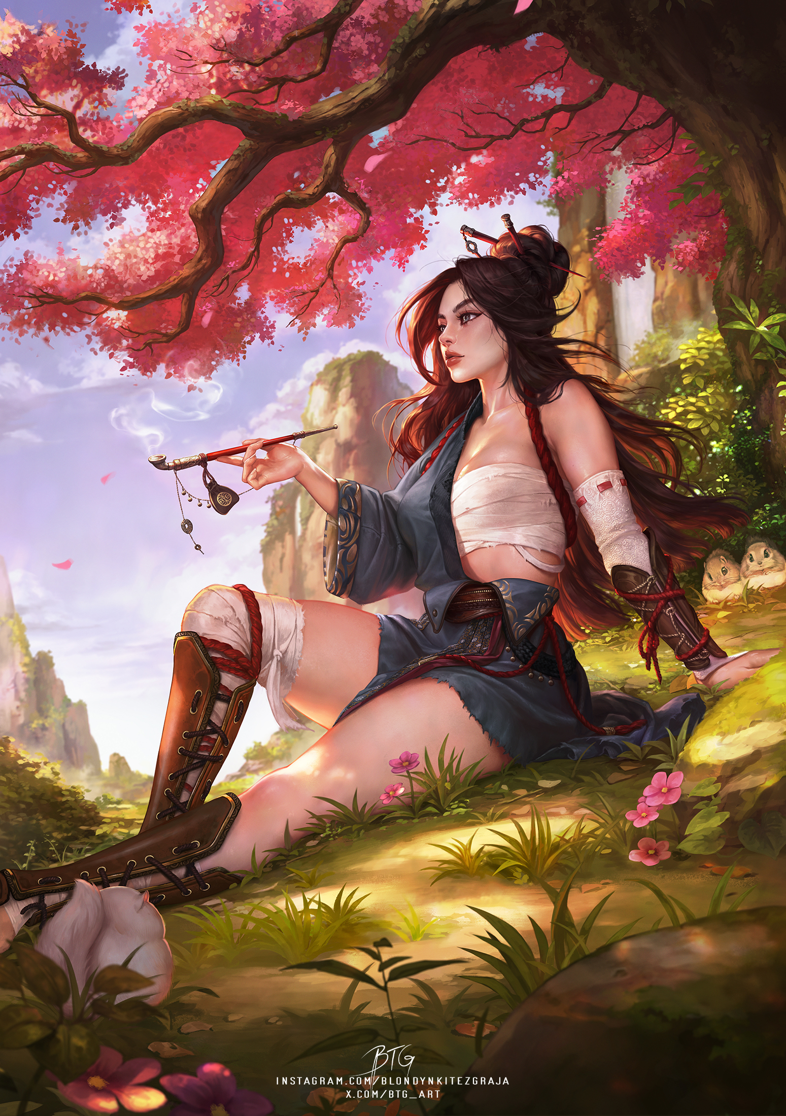 blondynkitezgraja, original, highres, 1girl, brown hair, cherry blossoms, day, grey kimono, hair bun, hair ornament, hairpin, japanese clothes, kimono, kiseru, long hair, nature, outdoors, parted lips, realistic, sarashi, shin guards, sitting, smoking pipe, solo, thighs, tree, under tree