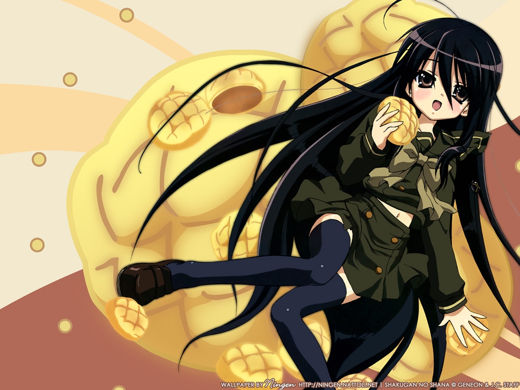 alastor (shakugan no shana), shana, shakugan no shana, non-web source, 00s, 1girl, black hair, bread, brown eyes, food, jewelry, long hair, lying, melon bread, pendant, school uniform, serafuku, thighhighs, zettai ryouiki