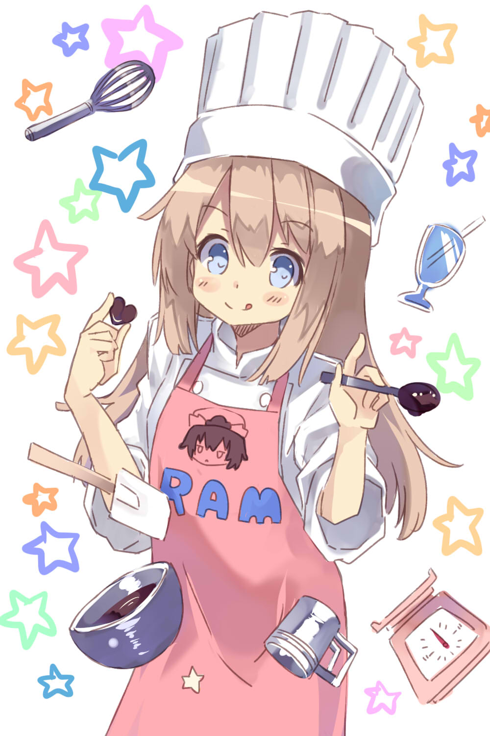 normaland, ram (neptunia), neptune (series), highres, 1girl, apron, blue eyes, bowl, brown hair, chef, chef hat, flat top chef hat, hair between eyes, hat, holding, holding spoon, kitchen scale, long hair, pink apron, spoon, star (symbol), star symbol background, weighing scale, whisk