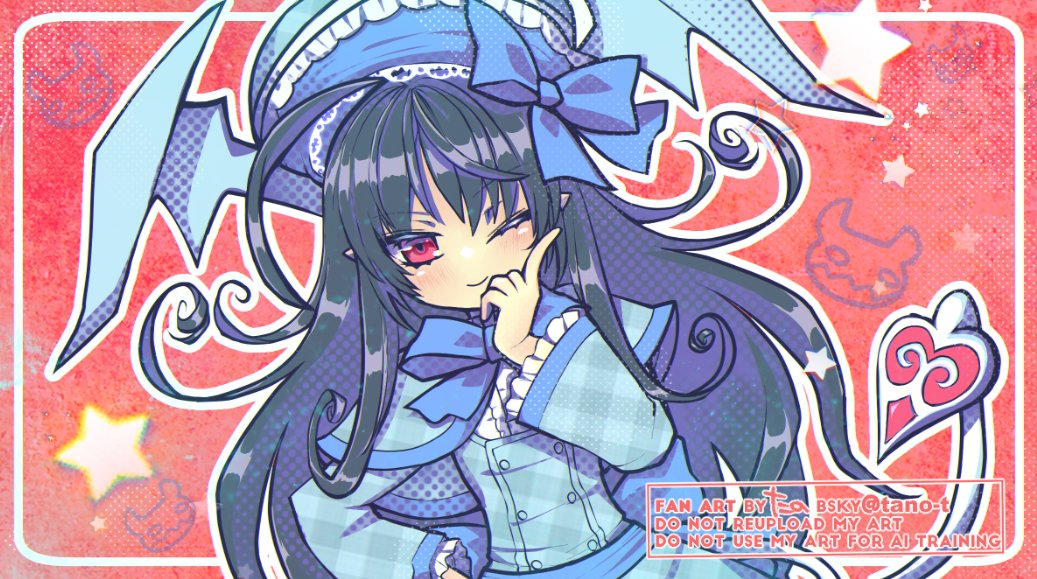 tano t, mephistopheles lore, emil chronicle online, 1girl, ahoge, black hair, blue capelet, blue dress, blue hat, blue ribbon, blue wings, capelet, demon tail, dress, hair ribbon, hair wings, hand on own cheek, hand on own face, hat, heart, heart tail, one eye closed, pointy ears, red background, red eyes, ribbon, solo, tail, unkempt, upper body, wings