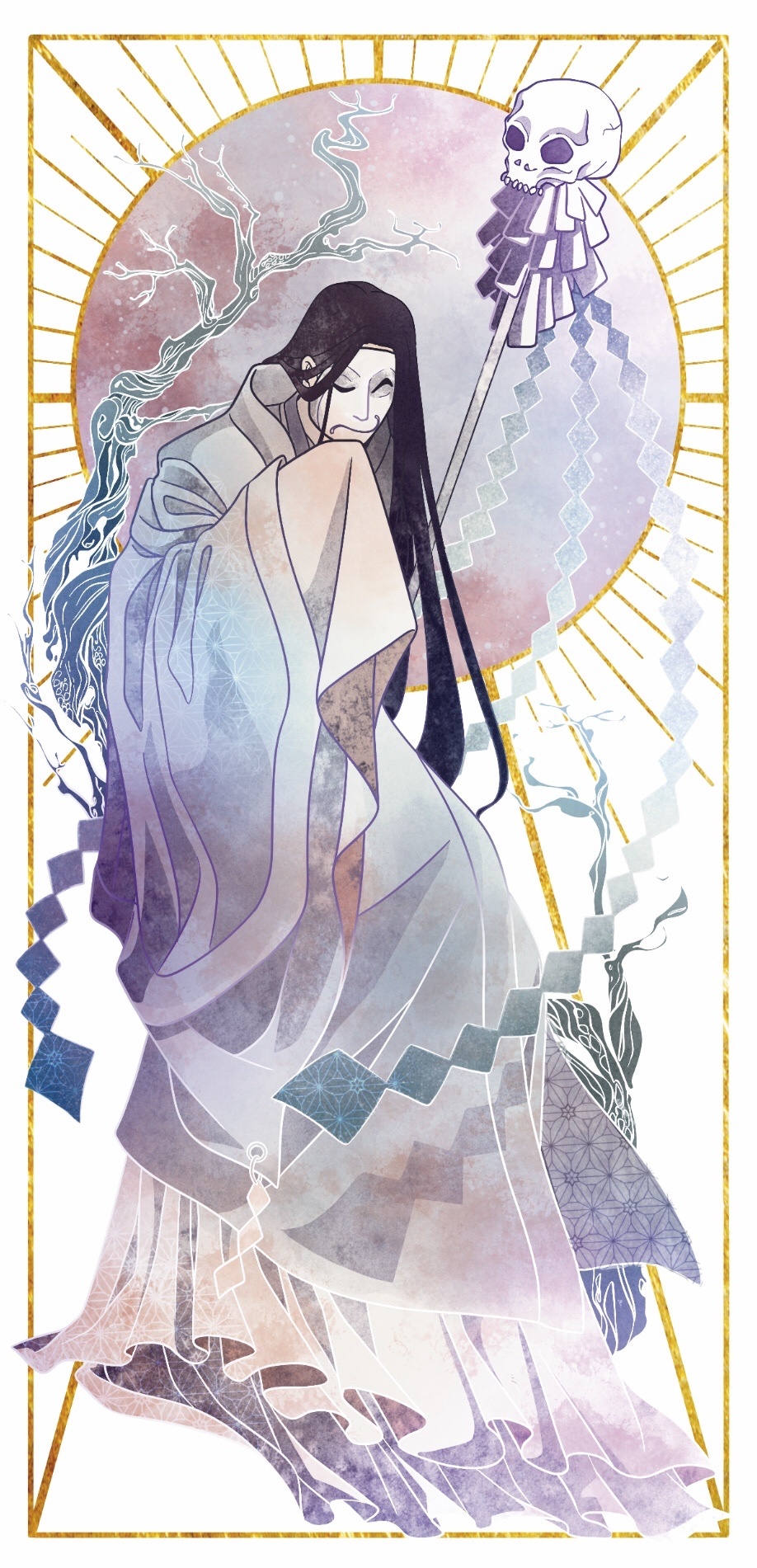bai wuxiang, tianguan cifu, commentary, english commentary, highres, 1boy, bare tree, black hair, chinese clothes, closed mouth, colored lineart, frown, full body, full moon, gohei, gold border, hanfu, holding, holding gohei, light rays, long hair, long sleeves, male focus, mask, moon, outside border, pastel colors, pink background, print robe, purple background, rakiah, skull, smile, solo, tree, very long hair, white background, white hanfu, white mask, white theme, wide sleeves