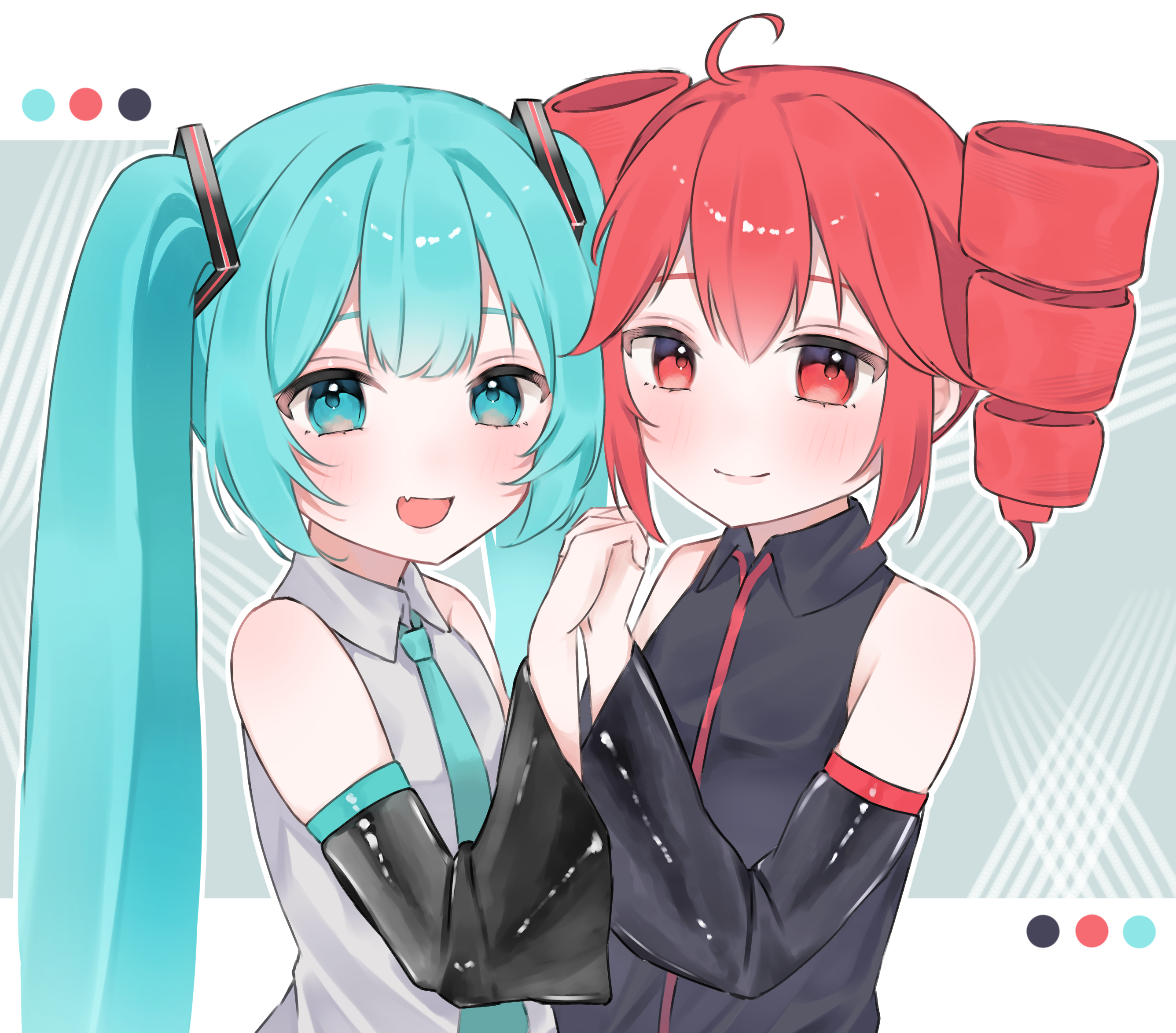 mokoinu (pixiv 27216243), hatsune miku, kasane teto, kasane teto (utau), utau, vocaloid, commentary, highres, 2girls, ahoge, aqua eyes, aqua hair, aqua necktie, aqua trim, bare shoulders, black shirt, blush, closed mouth, collared shirt, color guide, detached sleeves, drill hair, fang, flat chest, grey shirt, hair between eyes, hair ornament, holding hands, long hair, long sleeves, looking at viewer, multiple girls, necktie, open mouth, red eyes, red hair, shirt, skin fang, sleeveless, smile, twin drills, very long hair, wide sleeves
