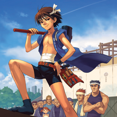 nishimura eri, aquarian age, lowres, 00s, 1girl, 6+boys, bandages, belt, brown hair, cloud, day, hachimaki, hammer, headband, long legs, male focus, multiple boys, nejiri hachimaki, sky