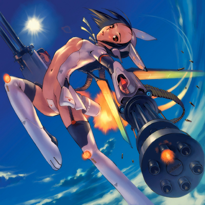 nishimura eri, aquarian age, lowres, 00s, 1girl, cloud, female focus, garter straps, gatling gun, gun, long legs, looking at viewer, maebari, mecha, navel, no bra, outdoors, revealing clothes, robot, sky, solo, thighhighs, weapon