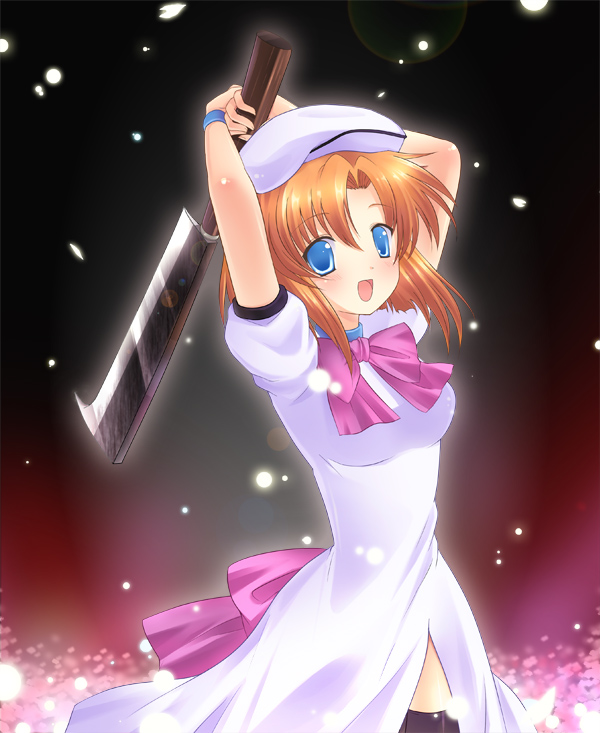 6u (eternal land), kiyu, ryuuguu rena, higurashi no naku koro ni, bad id, bad pixiv id, 00s, 1girl, billhook, crazy, dress, female focus, hashitsuki nata, hat, hatchet, nata (tool), solo, thighhighs