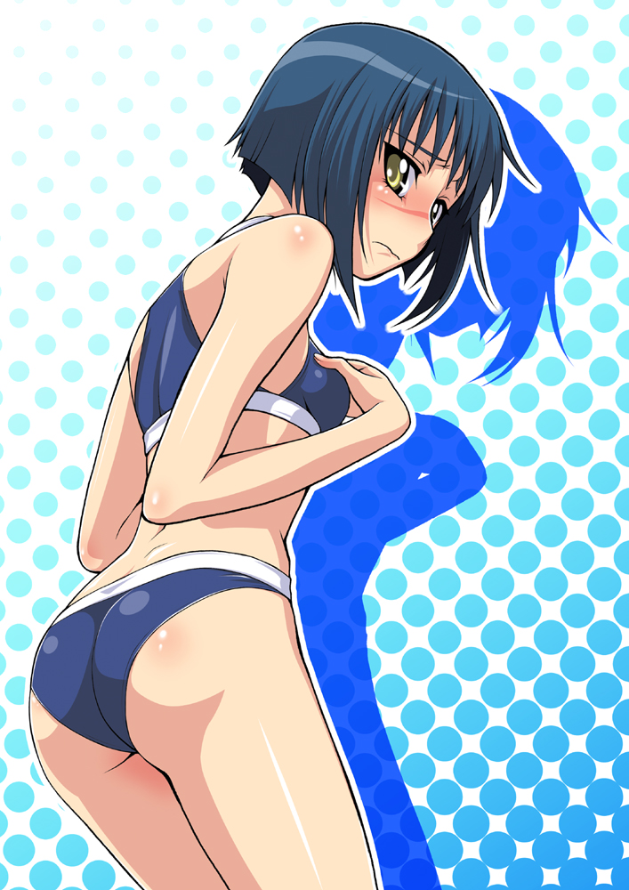 kouda tomohiro, tsumura tokiko, busou renkin, 00s, 1girl, ass, back, bikini, blue bikini, blue hair, blush, bob cut, embarrassed, female focus, looking back, scar, scar on face, scar on nose, short hair, solo, sports bikini, swimsuit, yellow eyes