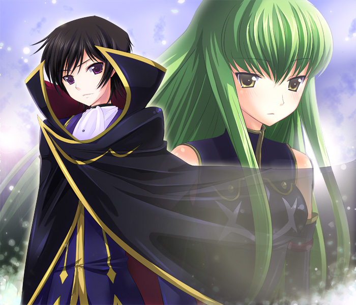 6u (eternal land), kiyu, c.c., lelouch vi britannia, code geass, bad id, bad pixiv id, 00s, 1boy, 1girl, black hair, cape, green hair, long hair, purple eyes, yellow eyes