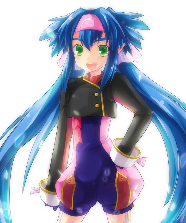 6u (eternal land), kiyu, klan klein, macross, macross frontier, bad id, bad pixiv id, 00s, 1girl, :d, black jacket, blue hair, bodysuit, female focus, green eyes, hand on own hip, jacket, long hair, long sleeves, looking at viewer, open mouth, pointy ears, simple background, sleeve cuffs, smile, solo, twintails, very long hair, white background