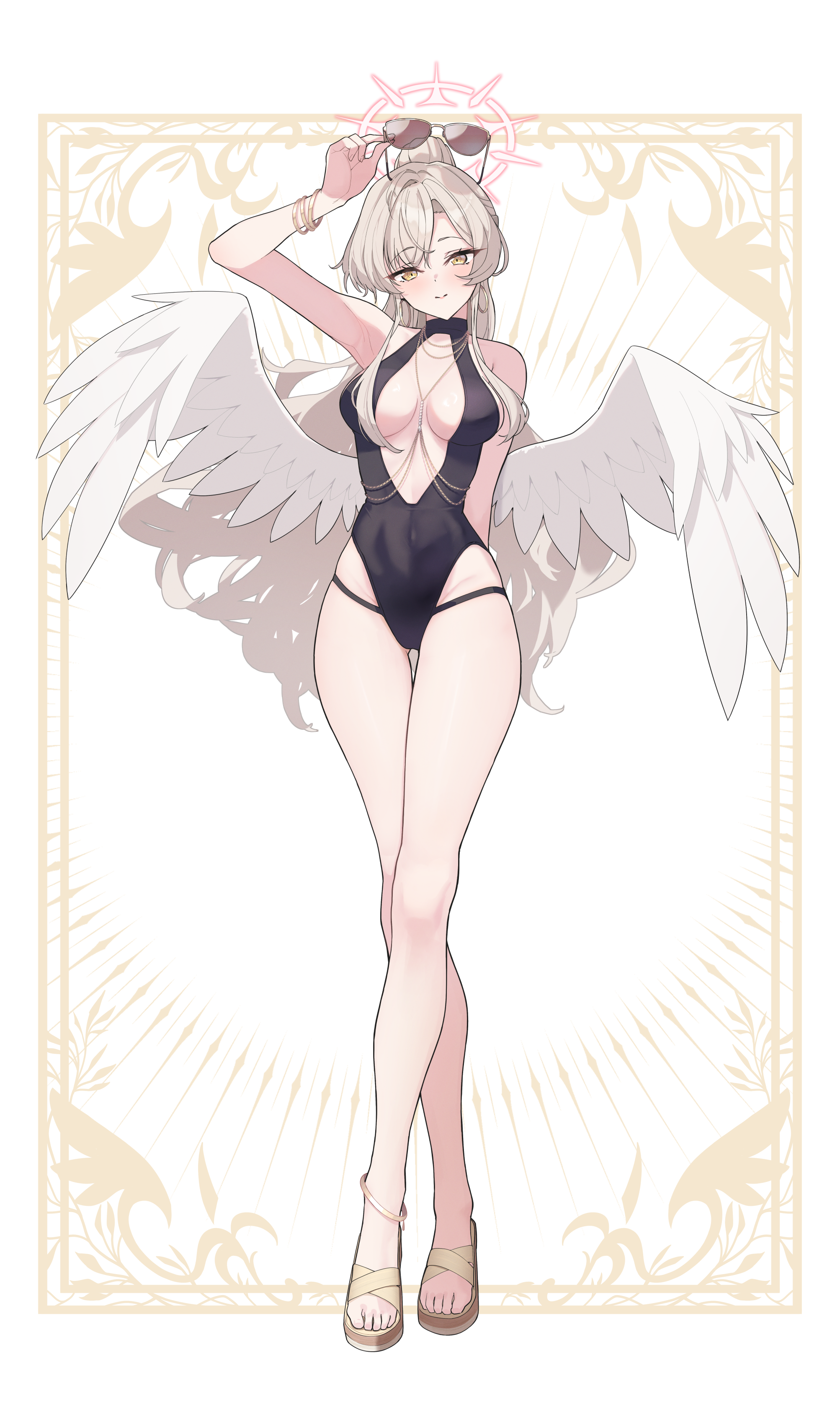 arume ad, nagisa (blue archive), nagisa (swimsuit) (blue archive), blue archive, absurdres, bad id, bad pixiv id, highres, 1girl, angel wings, aviator sunglasses, black one-piece swimsuit, brown-tinted eyewear, covered navel, crossed legs, feathered wings, full body, halo, holding, holding removed eyewear, long hair, looking at viewer, low wings, official alternate costume, official alternate hairstyle, one-piece swimsuit, ponytail, sandals, solo, standing, sunglasses, swimsuit, tinted eyewear, unworn eyewear, white wings, wings