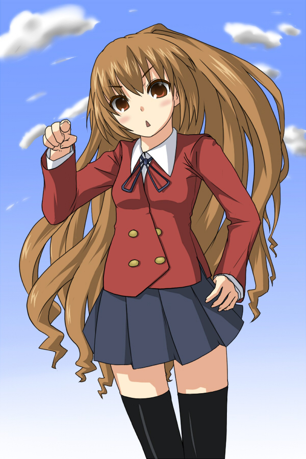 suzumiya annko, aisaka taiga, toradora!, bad id, bad pixiv id, 00s, 1girl, blush, brown eyes, brown hair, female focus, long hair, outdoors, school uniform, skirt, sky, solo, thighhighs, zettai ryouiki