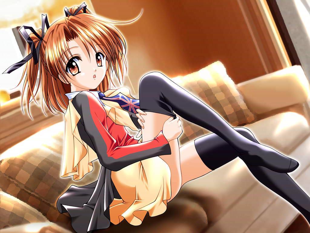 d-ten, yotsuba (sister princess), sister princess, jpeg artifacts, non-web source, 00s, adjusting clothes, adjusting legwear, brown eyes, brown hair, couch, dressing, feet, necktie, solo, thighhighs, twintails