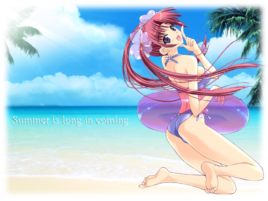 suzuhira hiro, 1girl, beach, bikini, day, english text, engrish text, female focus, innertube, kneeling, landscape, ocean, outdoors, purple eyes, ranguage, red hair, solo, swim ring, swimsuit