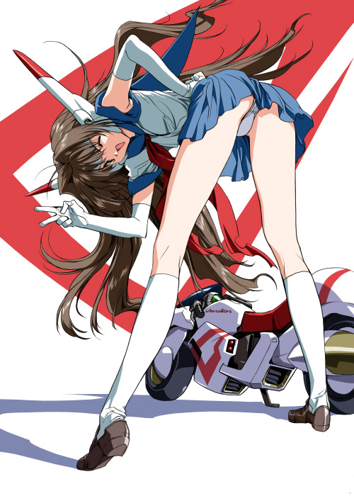 original, vehicle, 1girl, brown hair, elbow gloves, female focus, gloves, kneehighs, legs, motor vehicle, motorcycle, one eye closed, panties, skirt, socks, solo, underwear, v, wink