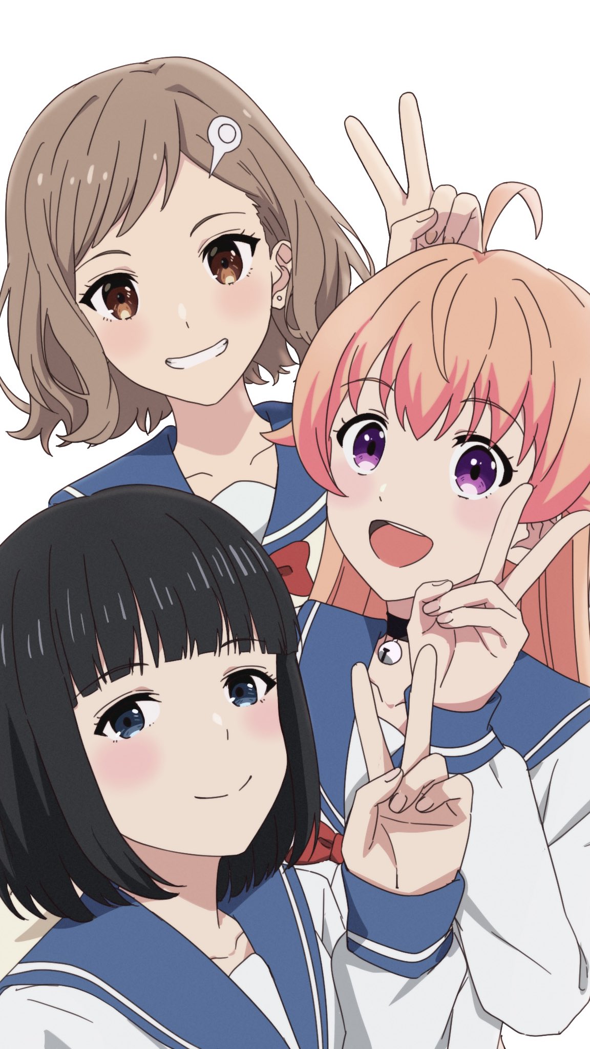minami kara, ureshino kukumi, wakatsuki niko, witch watch, artist request, highres, 3girls, ahoge, asunaro high school uniform, black choker, black hair, blue eyes, blush, brown eyes, brown hair, choker, closed mouth, hair ornament, hairclip, long hair, looking at viewer, multiple girls, open mouth, pink hair, purple eyes, sailor collar, school uniform, shirt, short hair, simple background, smile, v, very long hair, white background, white shirt