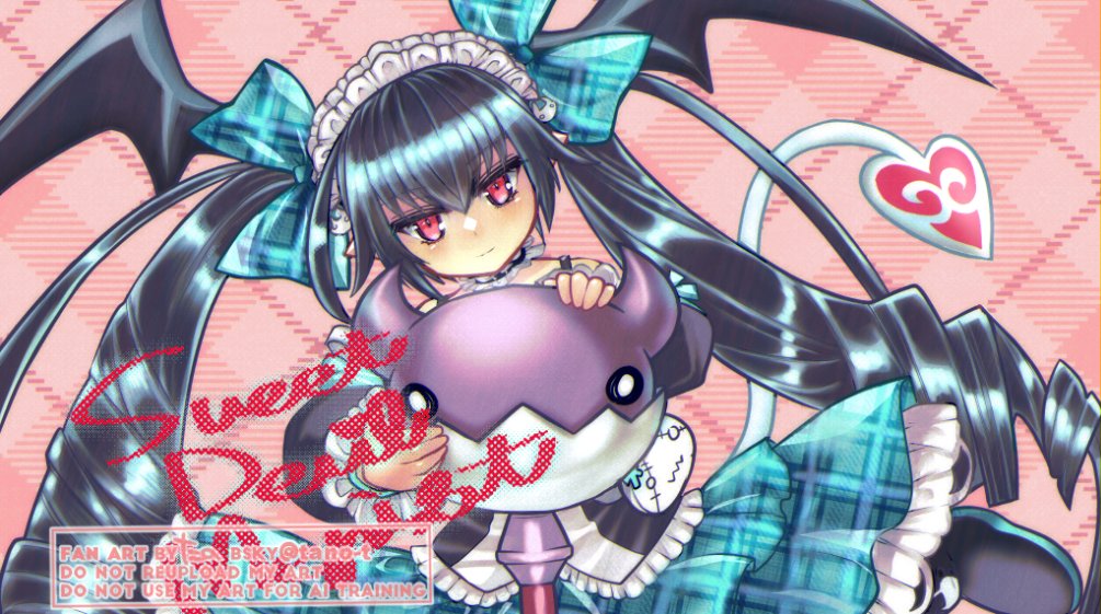 tano t, mephistopheles lore, emil chronicle online, bat wings, black boots, black hair, black wings, boots, bow, dress, drill hair, frilled dress, frills, green bow, green dress, hair bow, head wings, heart, heart tail, holding, holding staff, long hair, maid headdress, official alternate costume, pink background, red eyes, staff, tail, twin drills, twintails, wings