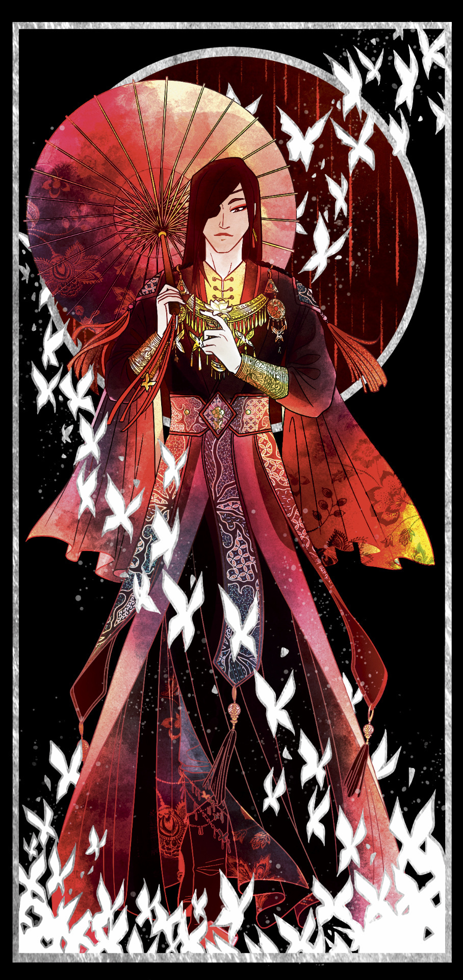 hua cheng, tianguan cifu, highres, 1boy, animal print, belt, black background, black hair, blood, border, bracer, bug, butterfly, butterfly necklace, butterfly print, chinese clothes, closed mouth, earrings, eyeliner, eyepatch, flower, glowing butterfly, gold necklace, grey border, hair over one eye, hanfu, holding, holding flower, holding umbrella, insect, inset border, jewelry, layered clothes, long hair, long sleeves, looking at flowers, makeup, male focus, miao clothes, necklace, oil-paper umbrella, ornate clothes, rain, raining blood, rakiah, red background, red eyeliner, red hanfu, red lips, red robe, red theme, red umbrella, robe, solo, tassel, tassel earrings, too many, too many butterflies, umbrella, white butterfly, white flower, yuanlingpao