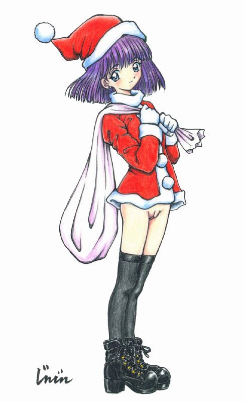 jinjin, tomoe hotaru, bishoujo senshi sailor moon, 1990s (style), 1girl, bag, blue eyes, bob cut, boots, bottomless, christmas, female focus, hat, no panties, purple hair, pussy, retro artstyle, sack, santa costume, santa hat, solo, thighhighs, uncensored