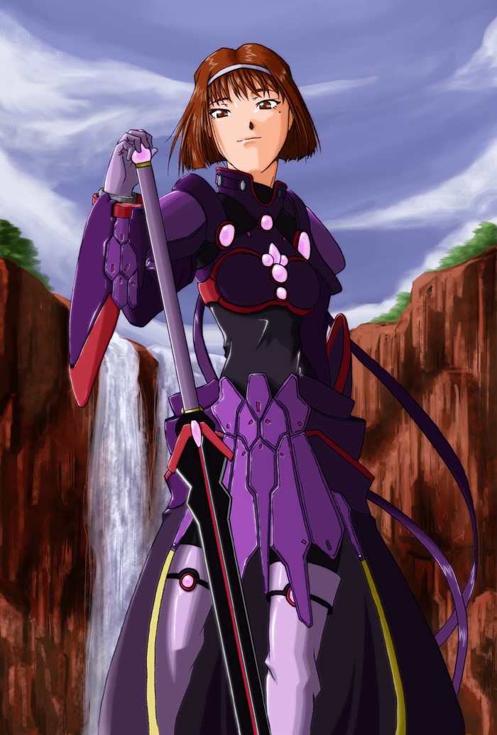 k.sho, kanzaki sumire, sakura taisen, 00s, armor, brown eyes, brown hair, cloud, day, gloves, mole, mole under eye, short hair, sky, solo, standing, sword, water, waterfall, weapon