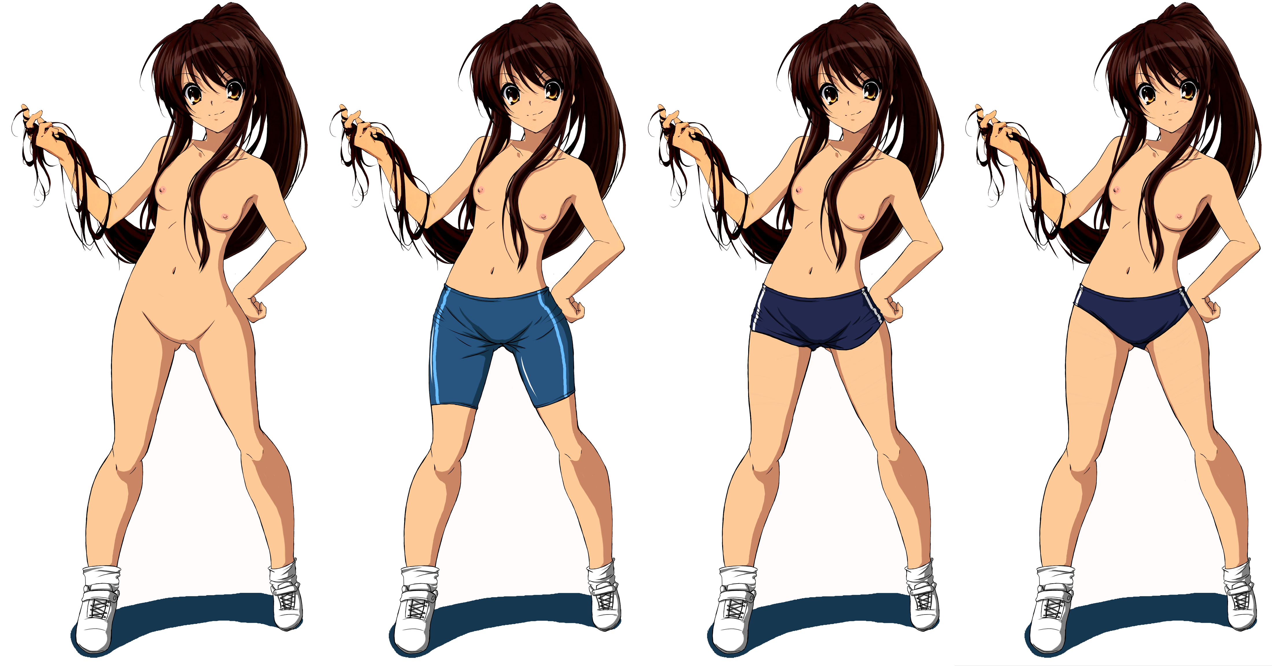 suzumiya haruhi, suzumiya haruhi no shoushitsu, suzumiya haruhi no yuuutsu, absurdres, highres, nude filter, third-party edit, 00s, 10s, 1girl, alternate costume, breasts, brown hair, buruma, censored, gym uniform, long hair, multiple views, nipples, nude, ponytail, shorts, single vertical stripe, small breasts, spandex, standing, topless female, underwear, very long hair, white background