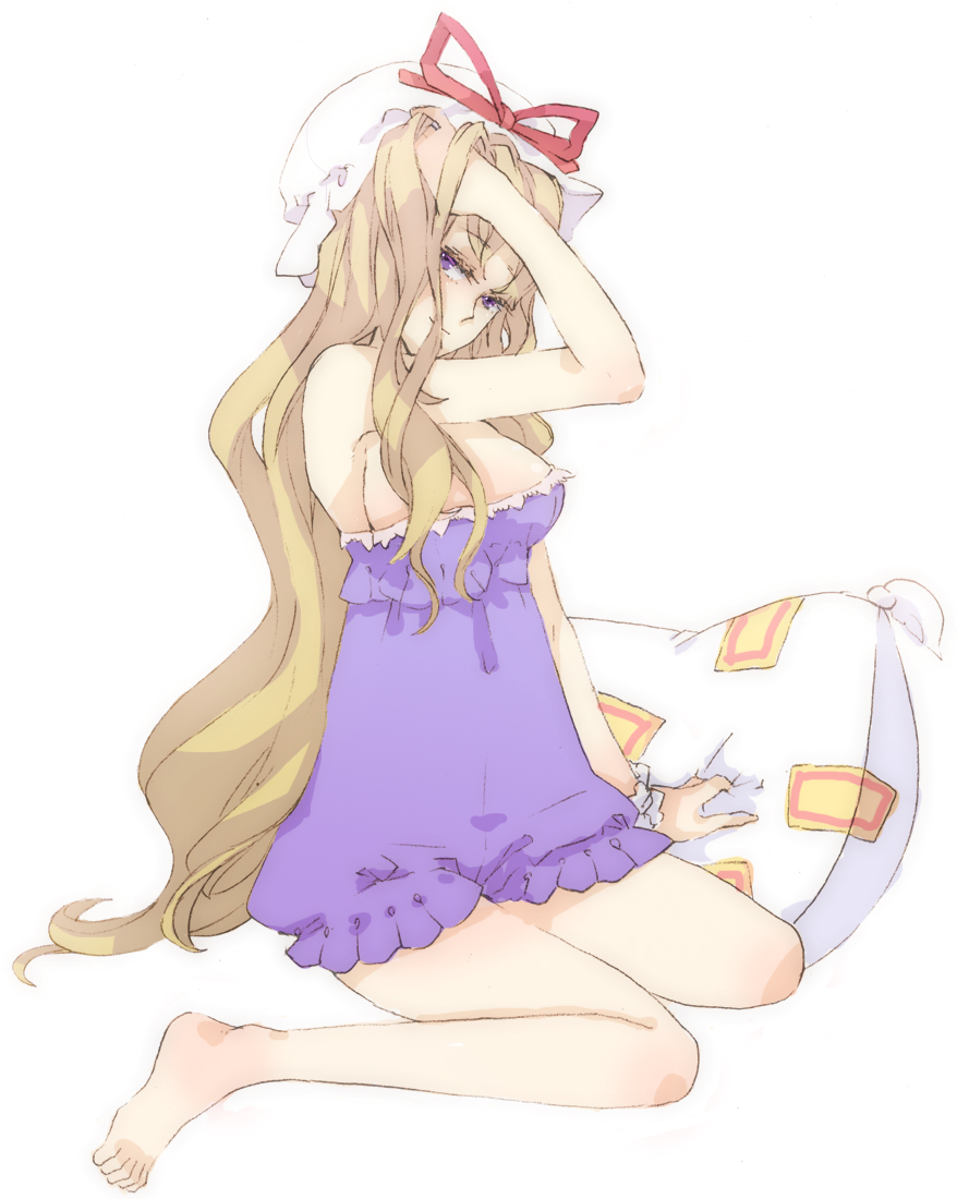 tsumura chita, yakumo yukari, touhou, bad id, bad pixiv id, 1girl, barefoot, blonde hair, breasts, feet, female focus, full body, hat, large breasts, lingerie, long hair, looking at viewer, pillow, ribbon, simple background, sitting, solo, underwear, wariza, white background