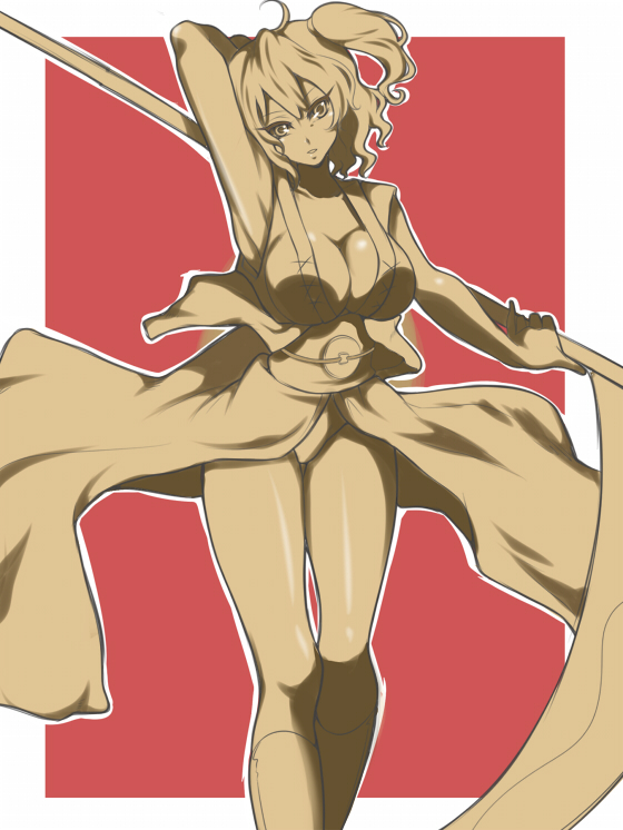 akishima kei, mayotome, onozuka komachi, touhou, 1girl, breasts, dress, female focus, monochrome, panties, scythe, solo, underwear