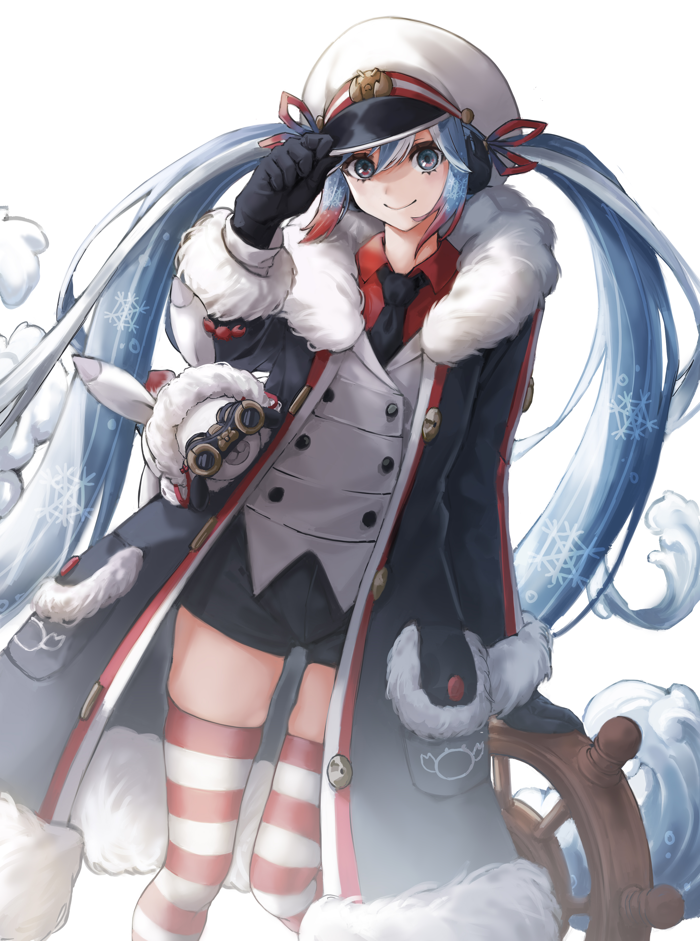 fairxw, hatsune miku, rabbit yukine, yuki miku, yuki miku (2022), vocaloid, absurdres, commentary, english commentary, highres, 1girl, aqua hair, binoculars, black coat, black gloves, black necktie, black shorts, closed mouth, coat, fur-trimmed coat, fur-trimmed sleeves, fur trim, gloves, gradient hair, grey eyes, hair ribbon, hat, holding, holding binoculars, jacket, long hair, long sleeves, looking at viewer, looking through scope, miku day, multicolored hair, necktie, official alternate costume, official alternate hairstyle, rabbit, red hair, red ribbon, red shirt, ribbon, sailor hat, shirt, short shorts, shorts, smile, striped clothes, striped thighhighs, thick thighs, thighhighs, thighs, twintails, very long hair, white hair, white jacket