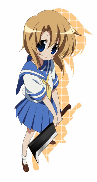 il, il (ill^6), ryuuguu rena, higurashi no naku koro ni, 00s, 1girl, billhook, blue eyes, brown hair, female focus, hashitsuki nata, hatchet, nata (tool), school uniform, serafuku, short hair, solo, weapon