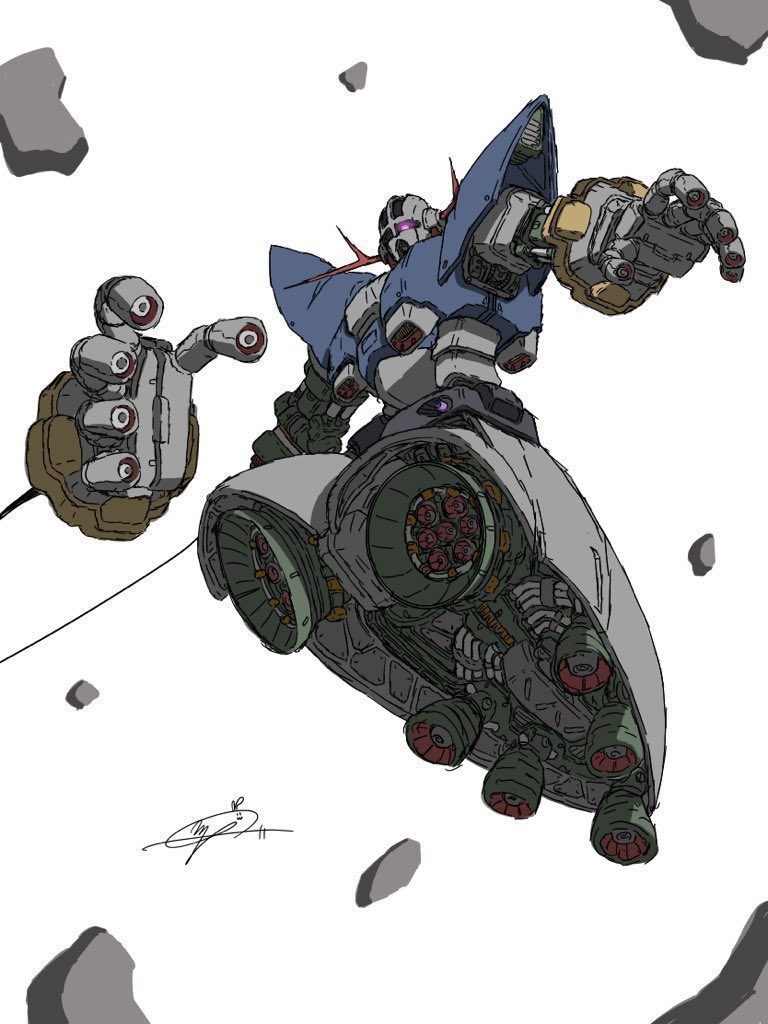 misirabi07, zeong, gundam, mobile suit gundam, armor, blue armor, cable, detached arm, finger cannon, full body, grey armor, horns, looking at viewer, mecha, mobile armor, one-eyed, robot, rock, science fiction, thrusters