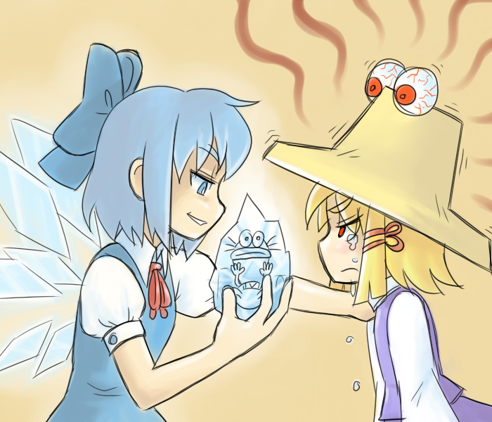 kouotsu, cirno, edward bighead, moriya suwako, pyonta, rocko's modern life, touhou, 2girls, blonde hair, blue eyes, blue hair, bow, crossover, from side, hat, ice, multiple girls, red eyes, short hair, tears, wings