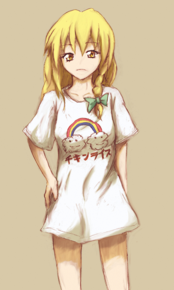 kirisame marisa, touhou, 1girl, blonde hair, braid, casual, clothes writing, female focus, no pants, shirt, solo, t-shirt, yellow eyes